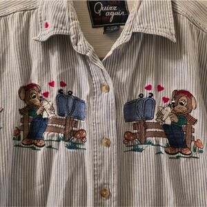 Vtg 90s Mouse Mushrooms & Hearts Embroidered Denim Shirt Button Down Striped